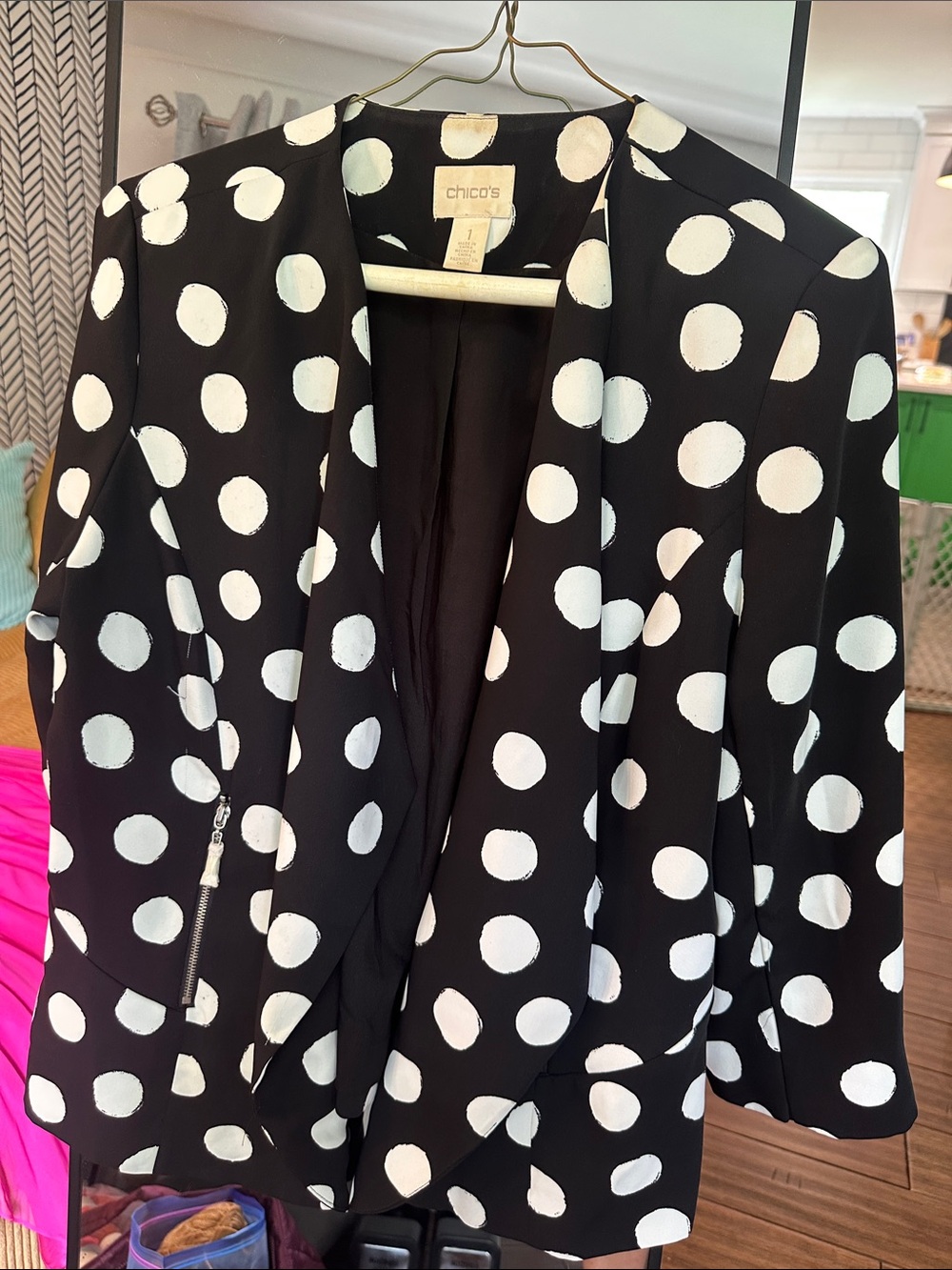 Chico's Black and White Polka Dot Draped Open Blazer